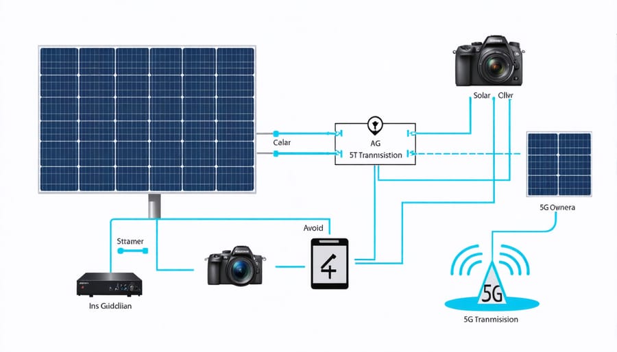Technical diagram illustrating solar power system and 5G connectivity in security camera
