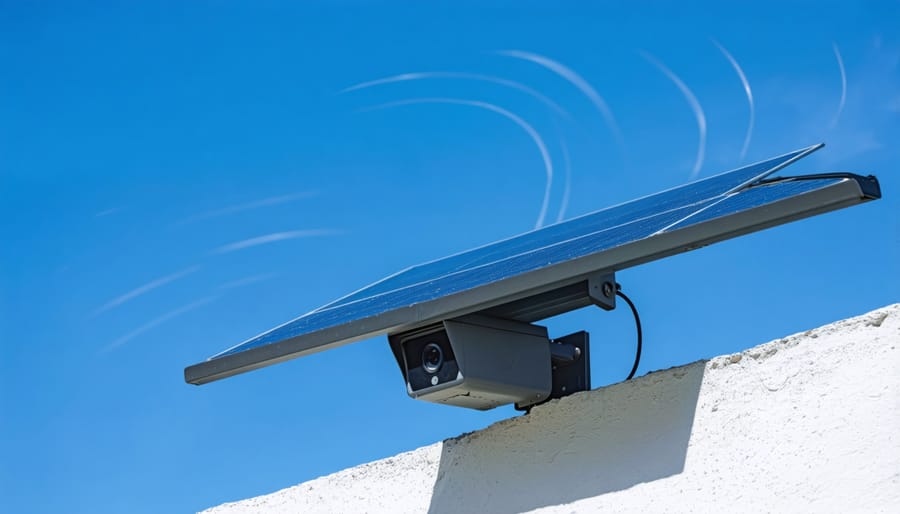 A modern solar-powered security camera featuring integrated solar panel and 5G connectivity, set against a blue sky, illustrating the fusion of sustainable energy and high-speed technology.