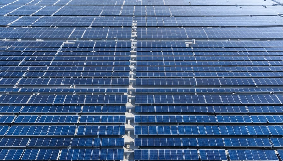 Large solar panel array with financial documents representing green bonds