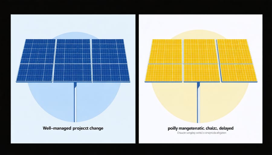 Visual comparison of organized versus disorganized solar project change management approaches