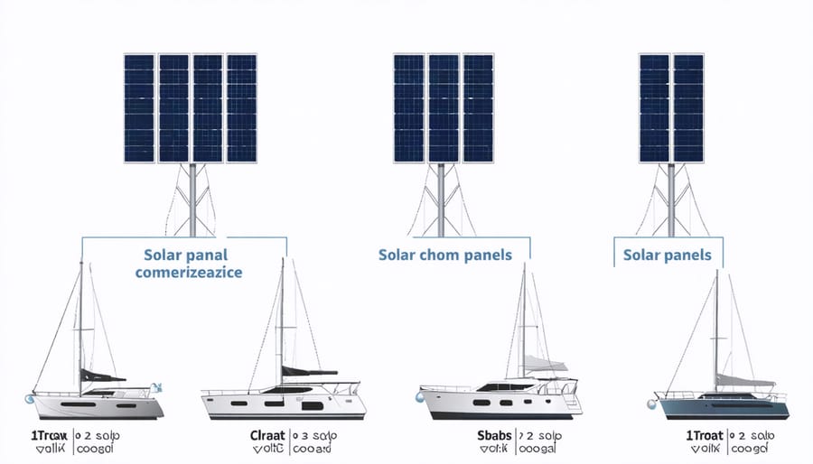 Infographic comparing solar trickle charger sizes and power ratings for different boat types