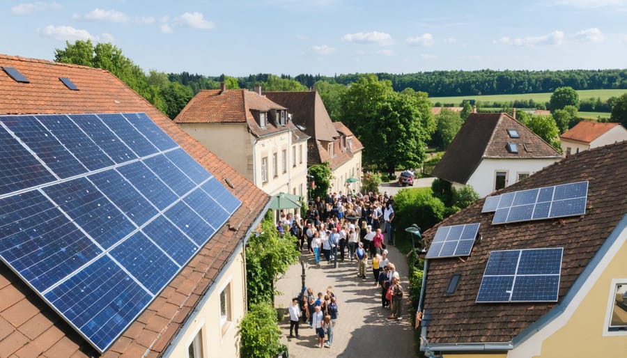 A European village showcasing rooftop solar panels as part of a community transition program with groups discussing solar planning and smart grid connections.