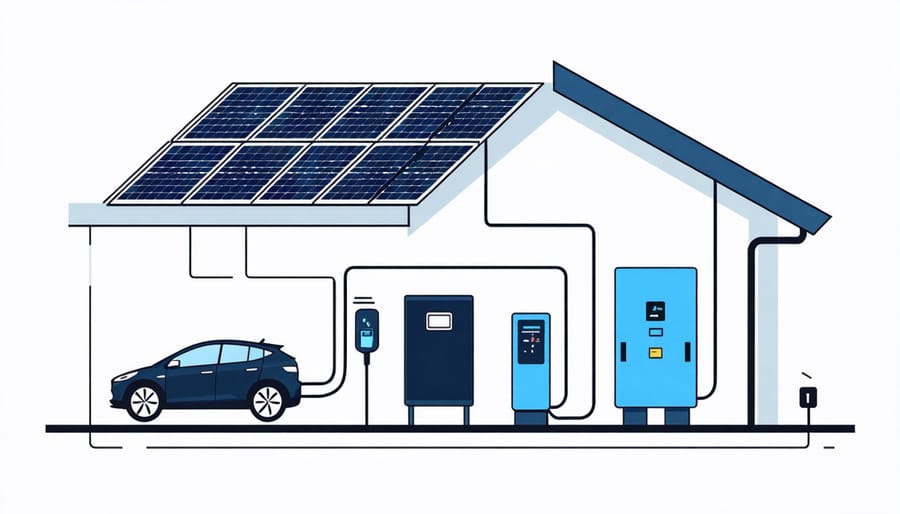 Technical diagram illustrating components and connections of a residential solar EV charging system