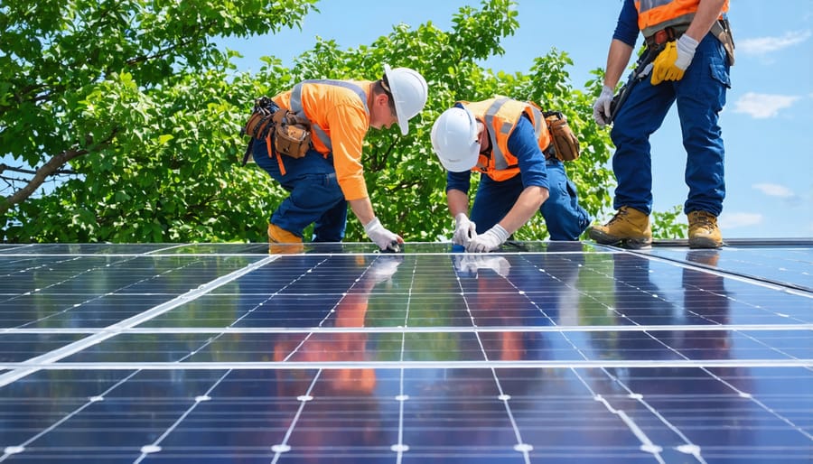 Professional installers mounting solar panels on a green roof installation