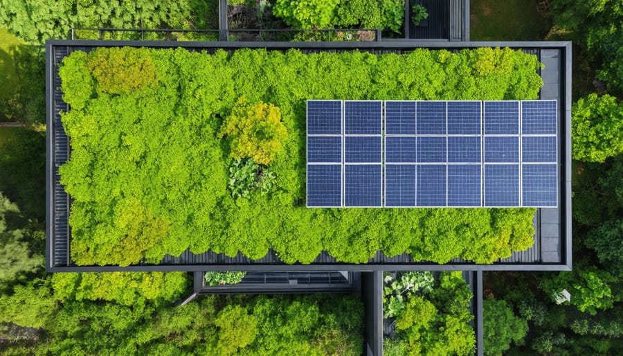Aerial photograph of a residential green roof combining solar panels with diverse vegetation