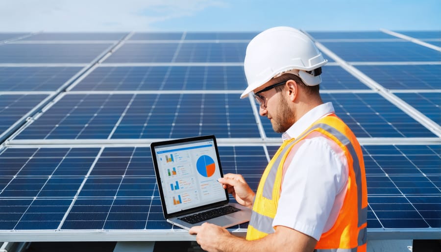 Solar technician performing maintenance check with diagnostic equipment