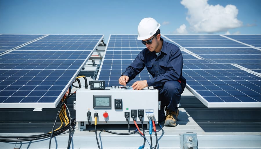 Maintenance worker inspecting solar panels for communication system
