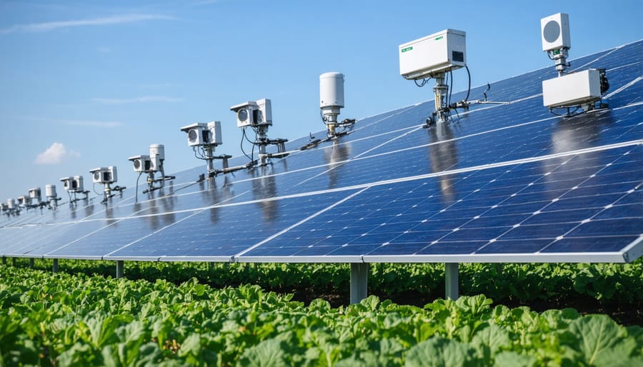 Various monitoring sensors attached to solar panels in a farm environment