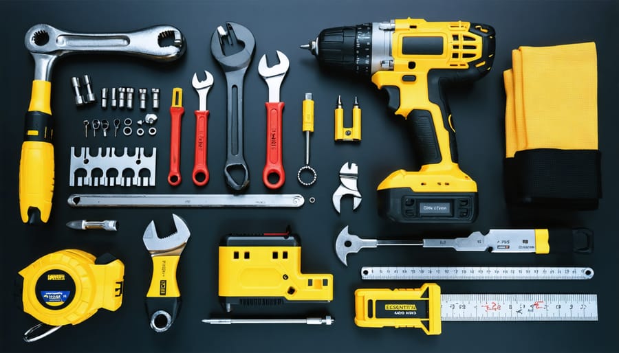 Complete set of solar panel mounting installation tools and safety gear laid out on a workbench