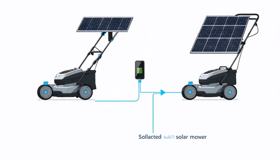 Exploded view diagram of solar mower parts including solar panels, batteries, and cutting mechanisms