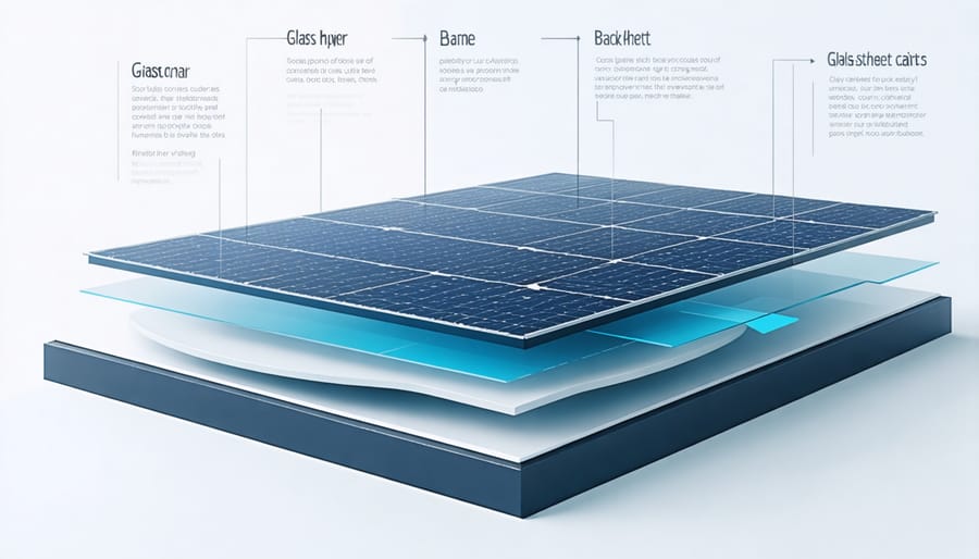Cross-sectional diagram of solar panel construction showing all major layers and components