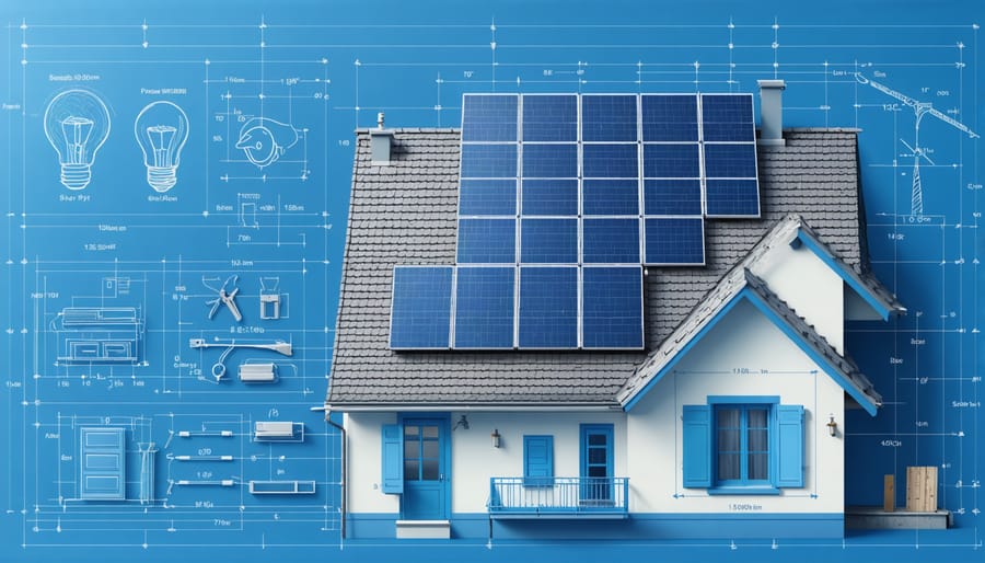 Conceptual illustration of solar panel installation on a European-style rooftop, showcasing tools, brackets, and measurement lines with symbols of safety and efficiency.