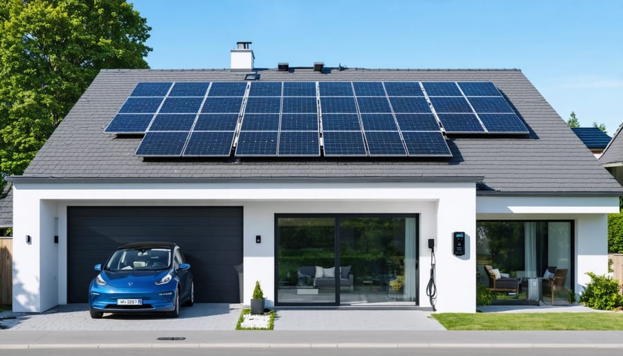 Illustration of a modern home with solar panels on the roof, an electric vehicle charging in the driveway using a residential charging station powered by renewable energy.