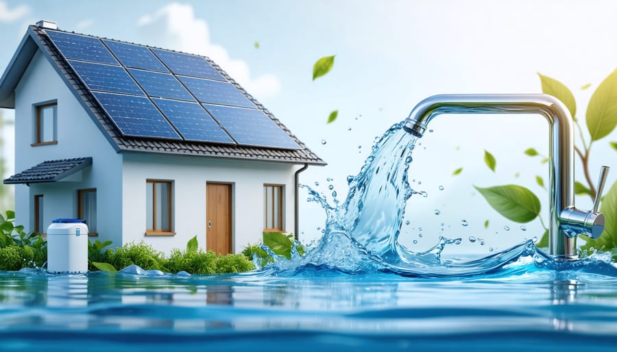 Conceptual illustration of a solar-powered hybrid water purification system transforming tap water into premium quality, featuring solar panels, water purification icons, and sparkling water from a faucet.