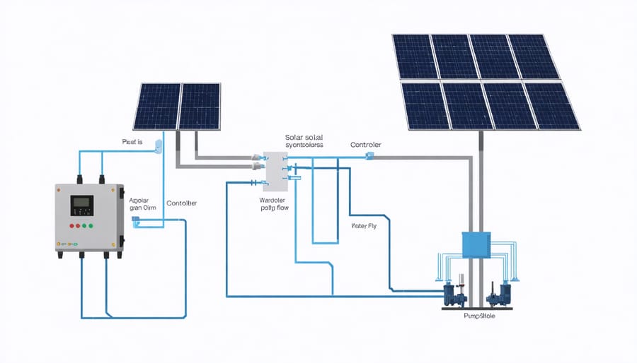 Technical diagram illustrating the core components and operation of a solar water pump system