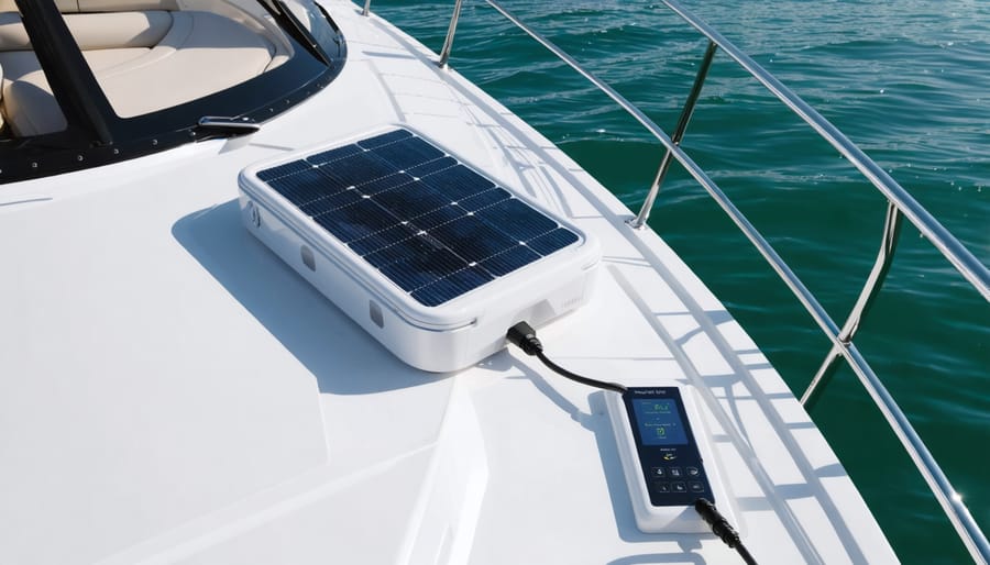 Sleek boat docked at a marina with a solar trickle charger installed on its deck, illustrating sustainable energy solutions for marine battery maintenance.
