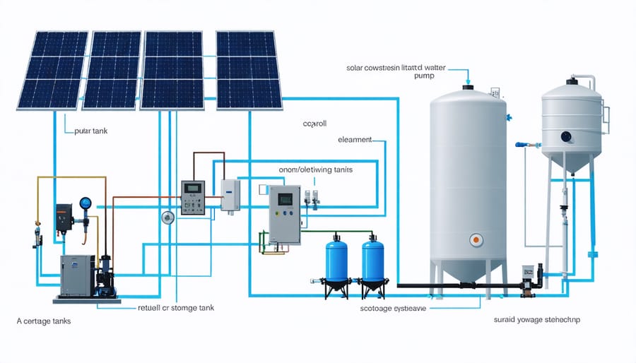 Technical illustration of solar-powered water system components and their connections