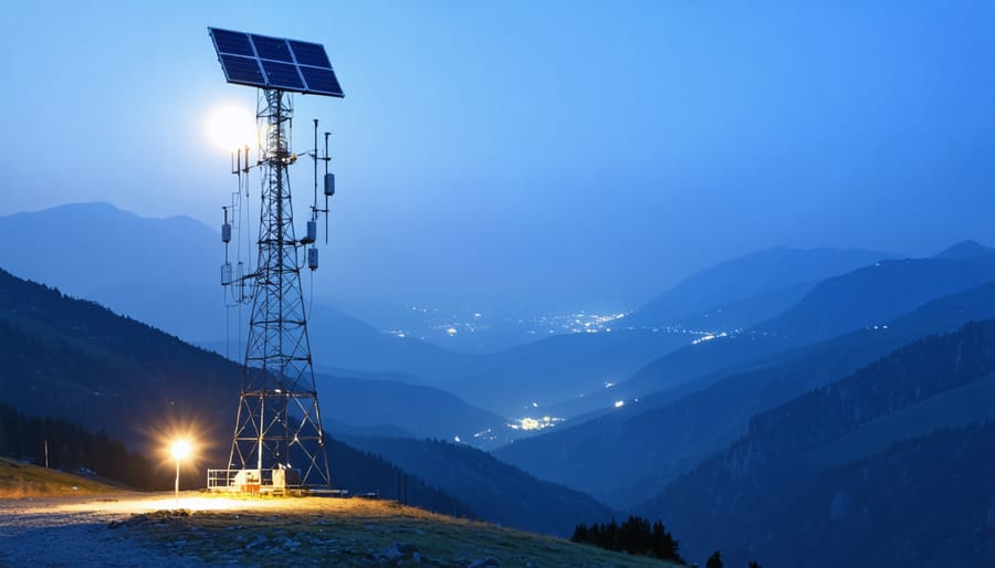 A solar-powered communication tower with glowing solar panels and emergency lights, operating at night during a power outage in a remote mountainous area.
