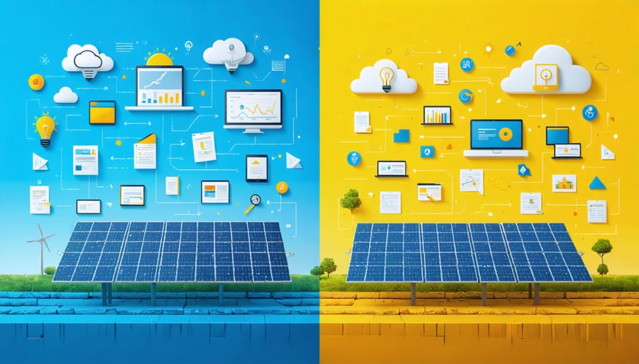 A split-screen image comparing two approaches to solar project change management: one side shows organized and efficient processes with a digital dashboard, and the opposite side shows disorganized and chaotic management with scattered papers and miscommunication.