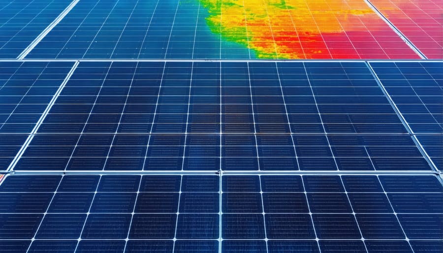 Drone thermal image of solar panels showing temperature variations and potential defects