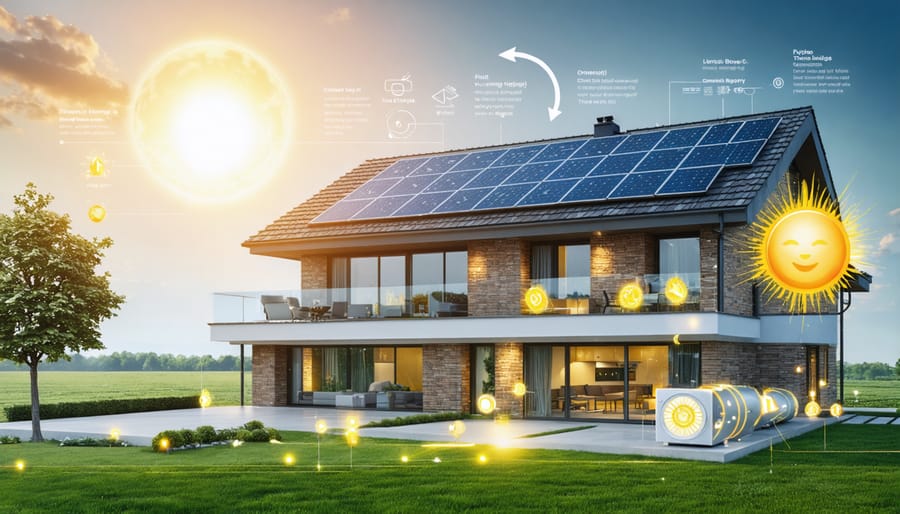 Conceptual illustration of a home with solar panels and a thermal energy storage system, showing the flow of solar energy being converted into stored thermal energy within the residence.