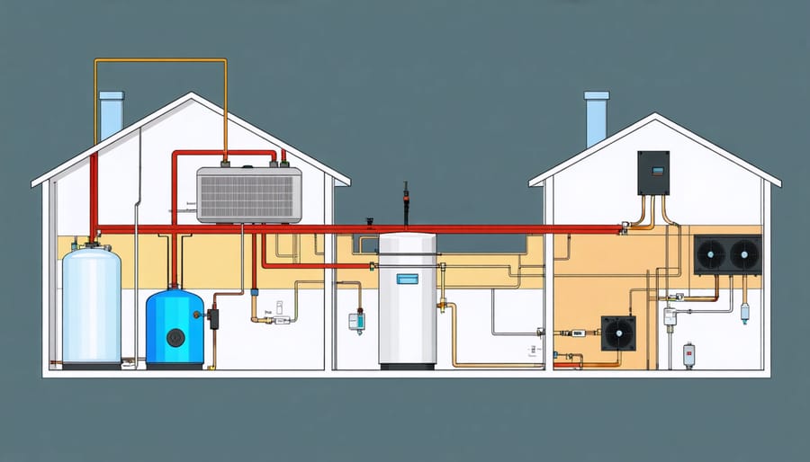 Technical illustration of a home thermal storage system with labeled components and energy flow indicators