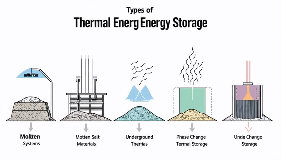 Technical illustration of various thermal energy storage technologies and their components