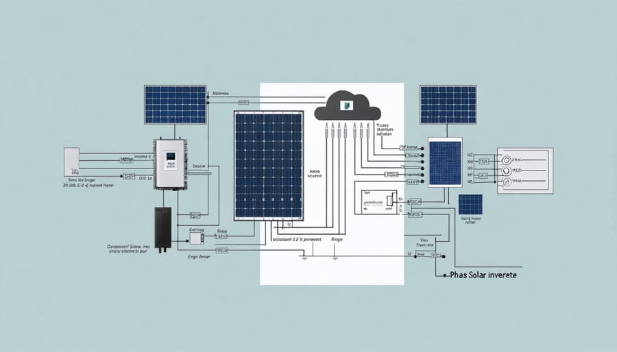 Detailed schematic diagram of 3-phase solar inverter components including power stages and control systems
