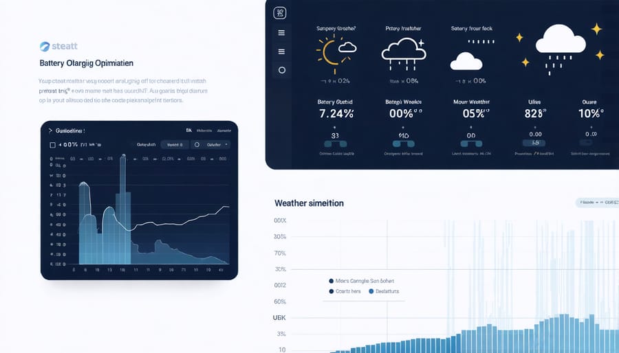 Visual representation of weather-based smart charging system with predictive energy storage graphs
