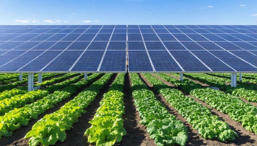 Vegetable crops growing in the spaces between elevated solar panels on a farm