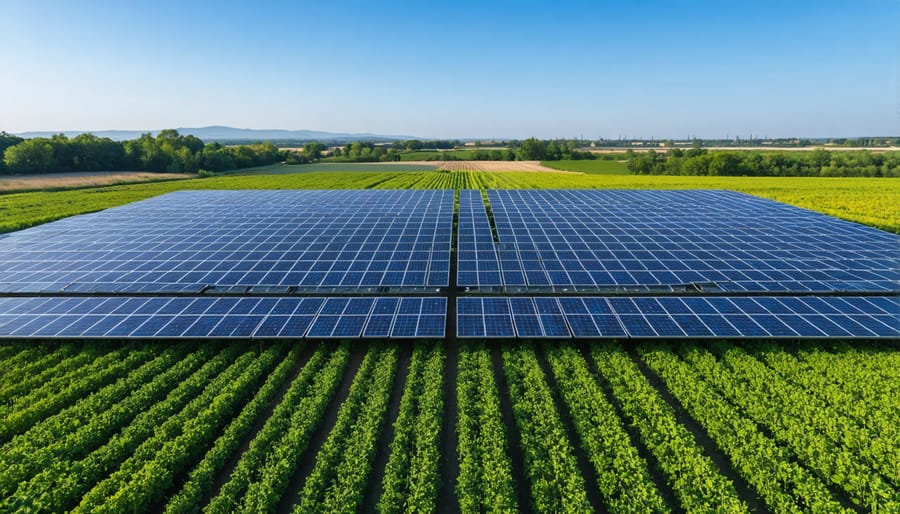 Solar panels installed above agricultural crops in a dual-use farming system