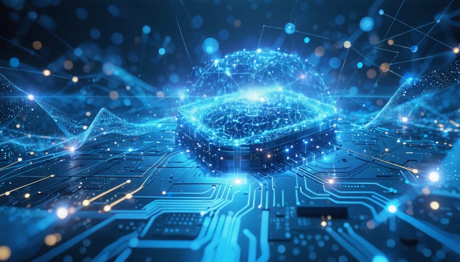 Conceptual illustration depicting the flow of real-time data streams entering AI processing units with neural network nodes, symbolizing AI-driven energy storage management.