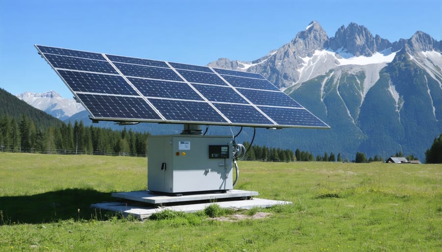 Solar panels and FM transmission equipment installed on a mountain peak with panoramic Alpine views
