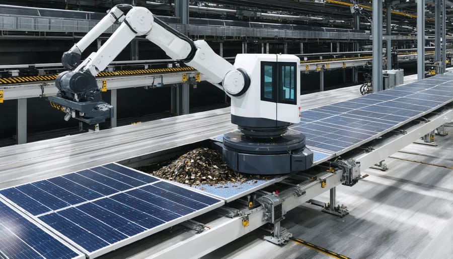 High-tech automated system separating glass, silicon, and metal components from solar panels