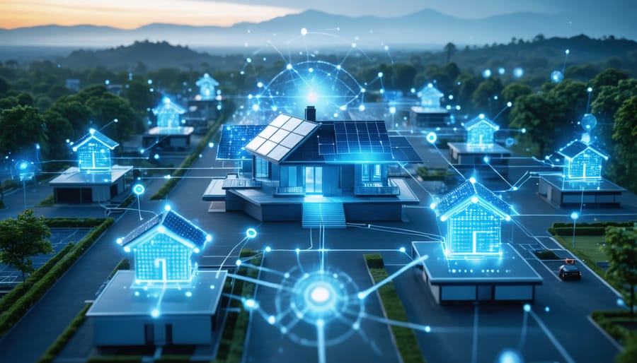 Conceptual depiction of interconnected blockchain nodes facilitating communication between smart solar homes and renewable energy systems.