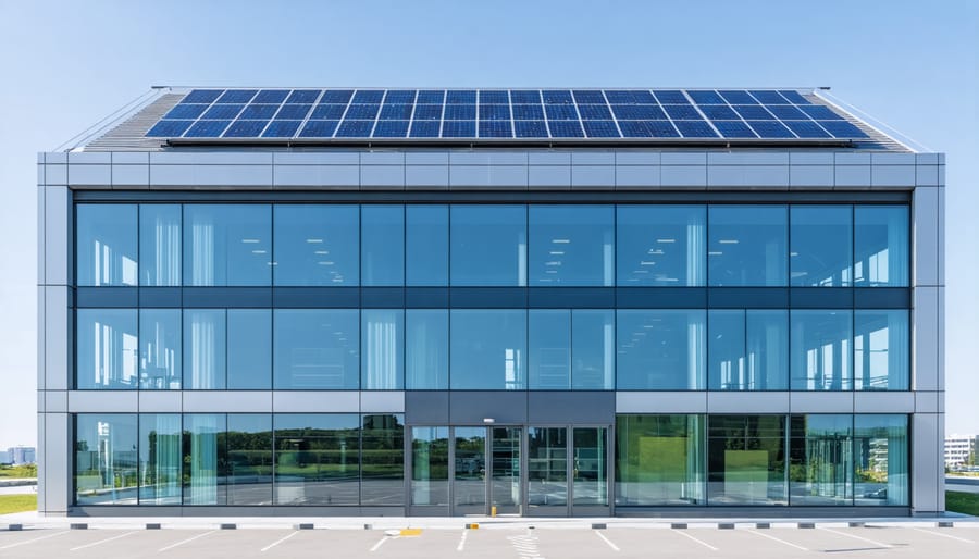 Commercial building showcasing transparent solar windows integrated into its glass facade