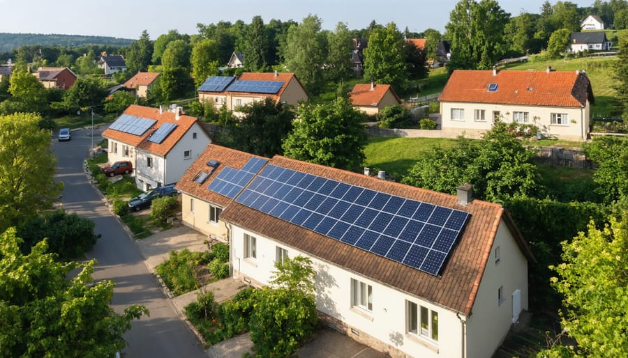 Bird's eye view of residential solar panels integrated into a European suburban community