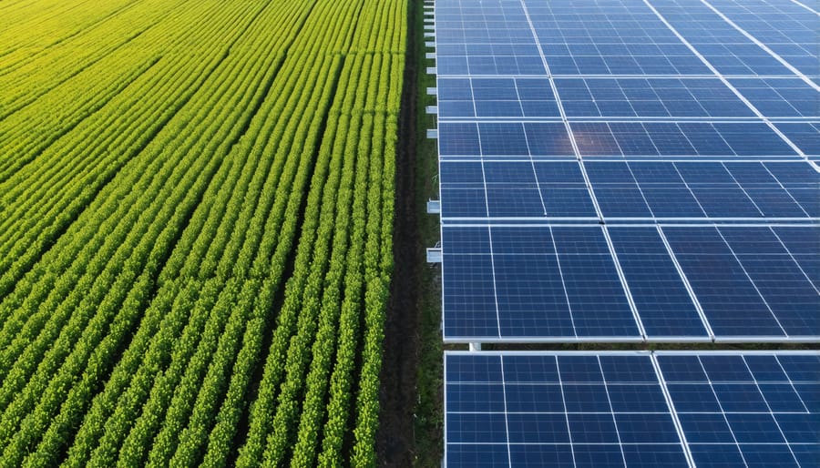 Side-by-side comparison showing crop production in conventional and solar-integrated farming