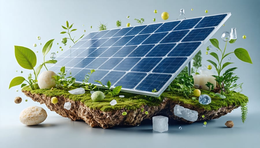 Illustration of solar panel transitioning from traditional to sustainable materials, showcasing mycelium, recycled composites, and plant-based polymers, symbolizing European innovation in eco-friendly manufacturing.