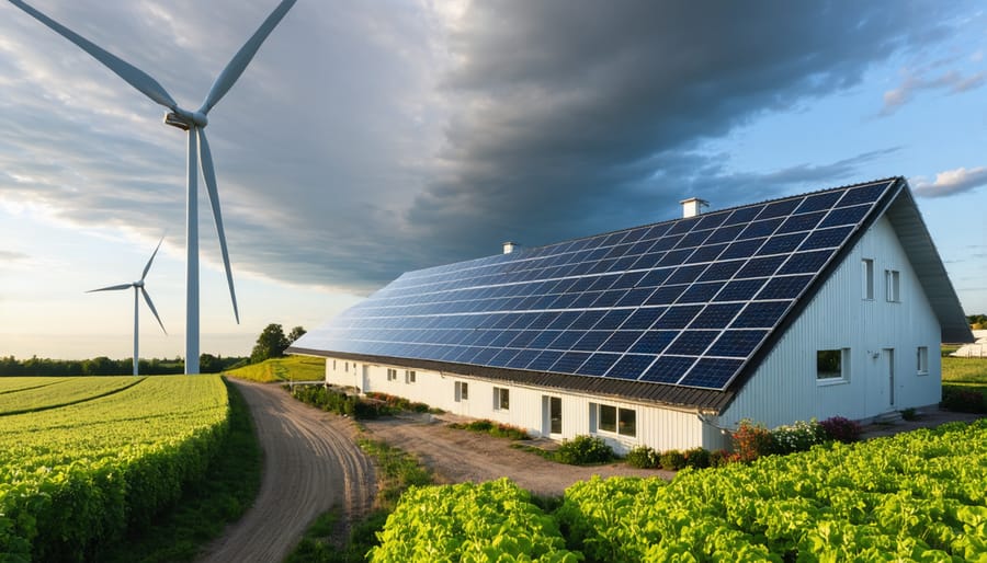 A picturesque European farm landscape featuring solar panels and wind turbines, highlighting the integration of renewable energy systems with traditional agriculture.