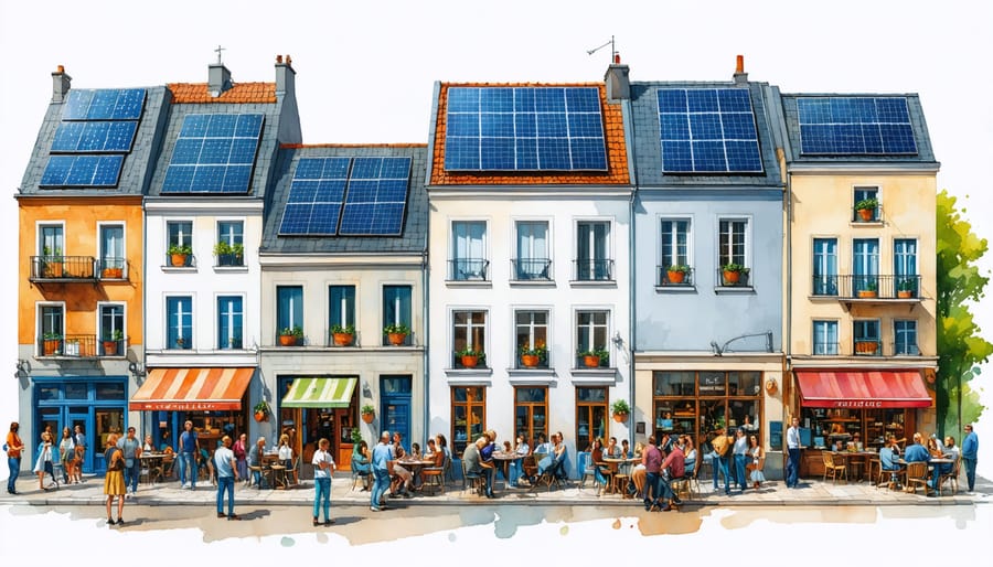 A dynamic European neighborhood scene showing different architectural buildings with solar panels. Community members are engaged in conversations about solar energy, representing a blend of cultural diversity and renewable energy integration.