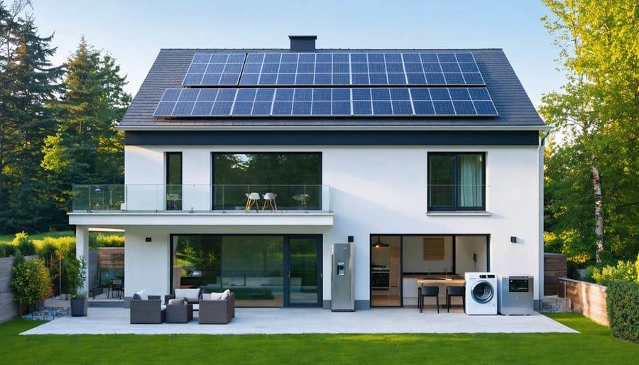 A modern European home equipped with solar panels and solar-powered appliances like a refrigerator and washing machine, against a sunny landscape, representing sustainable living and energy independence.