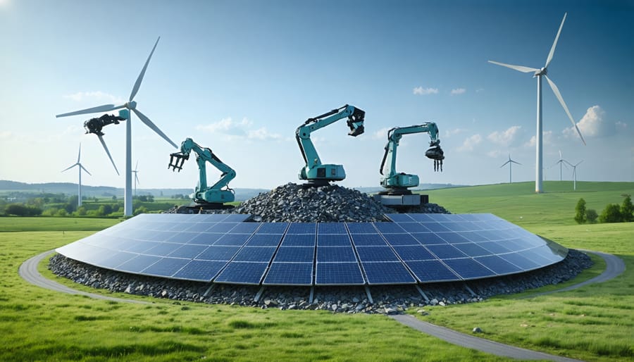 A futuristic robotic system in a solar panel recycling facility, illustrating the separation of materials for reuse, set in a sustainable landscape with solar panels and wind turbines.