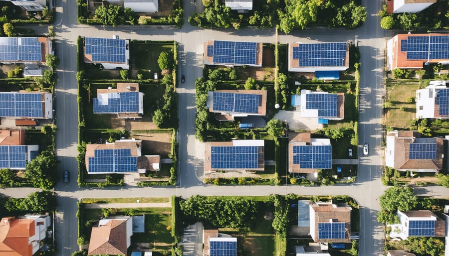 Bird's eye view of residential area with solar installations and smart grid integration