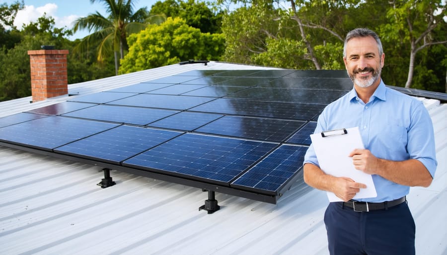 Insurance agent inspecting rooftop solar panels on a Florida home to ensure compliance with state insurance requirements.