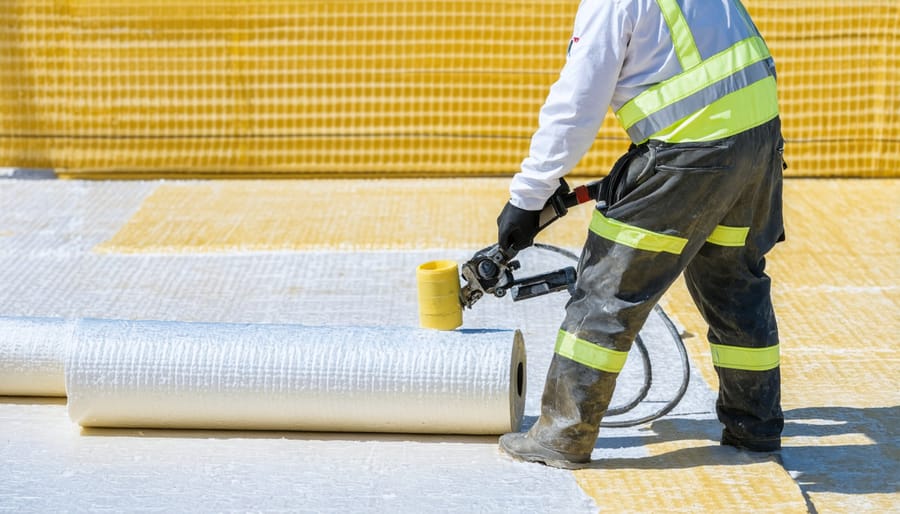 Professional installer spraying roll-on foam insulation with protective equipment