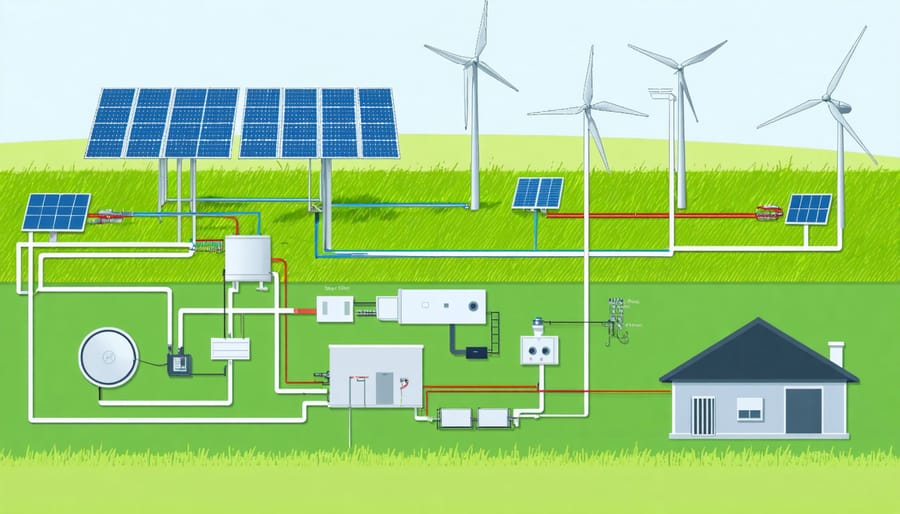 Technical illustration of hybrid solar-wind system components and their connections in an agricultural setting