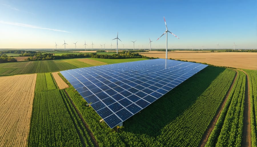 Drone view of solar panels and wind turbines coexisting with crop fields on a European farm
