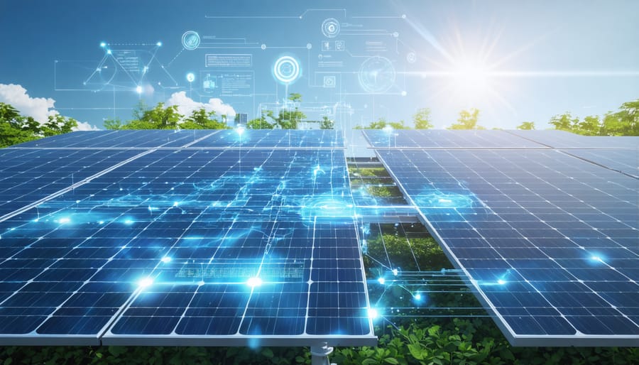 Conceptual illustration of smart sensors connected to solar panels, representing real-time data flow and performance optimization in a solar installation.