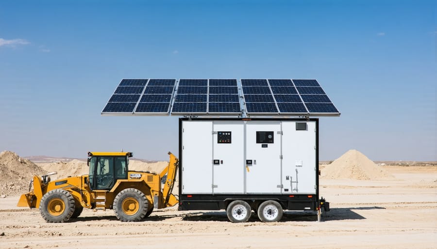 Portable energy storage system with solar panels powering construction equipment at a remote worksite